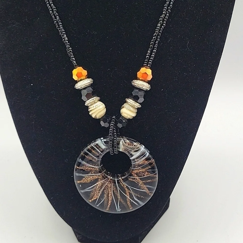 Vintage Double Stranded Adjustable Necklace Circular Medallion Black Bronze